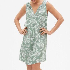 Print Split Neck Shift Dress Sage Green White Floral Sleeveless